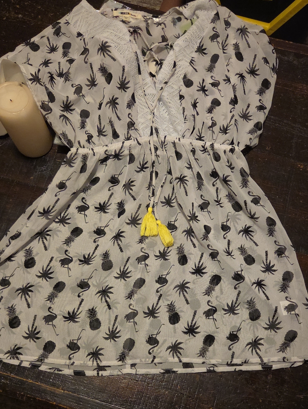 Womens White Tropical Swim Cover Up with Yellow Tassels
